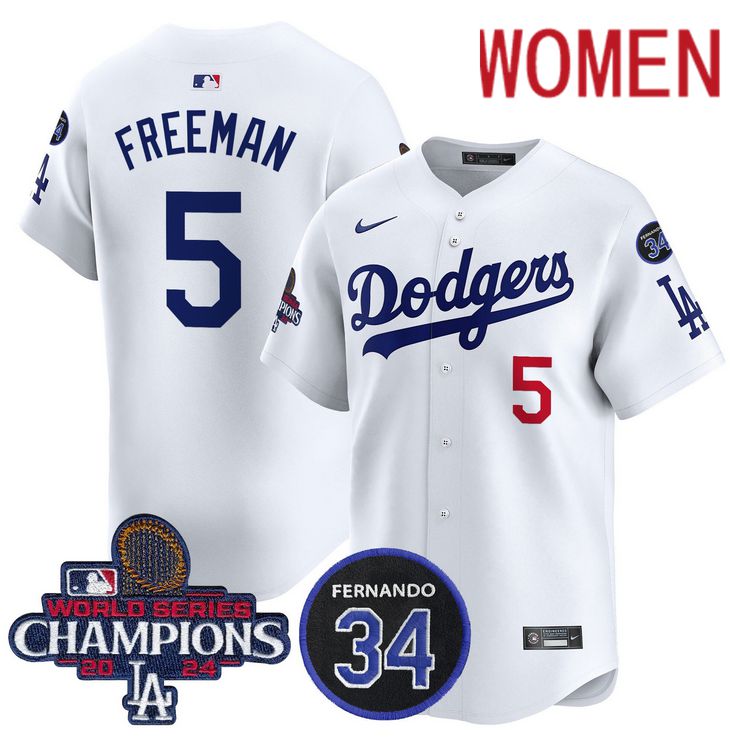 Women MLB Los Angeles Dodgers #5 Freeman white 2024 World Series Champions Patch Limited Jersey->women mlb jersey->Women Jersey